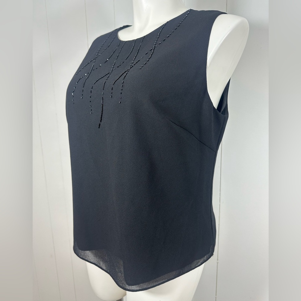Adrianna Papell 1X Top Black Sleeveless Beaded Round Neck Lined Blouse Chiffon - Picture 4 of 9